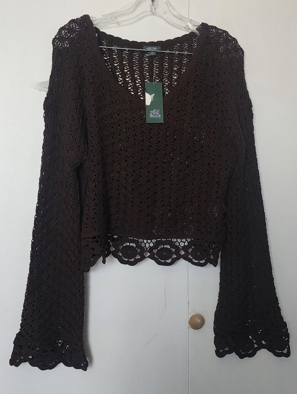Wild Fable Brown Crochet Flare Sleeve Knit Top NWT XL Festival Hippie Boho Fairy
